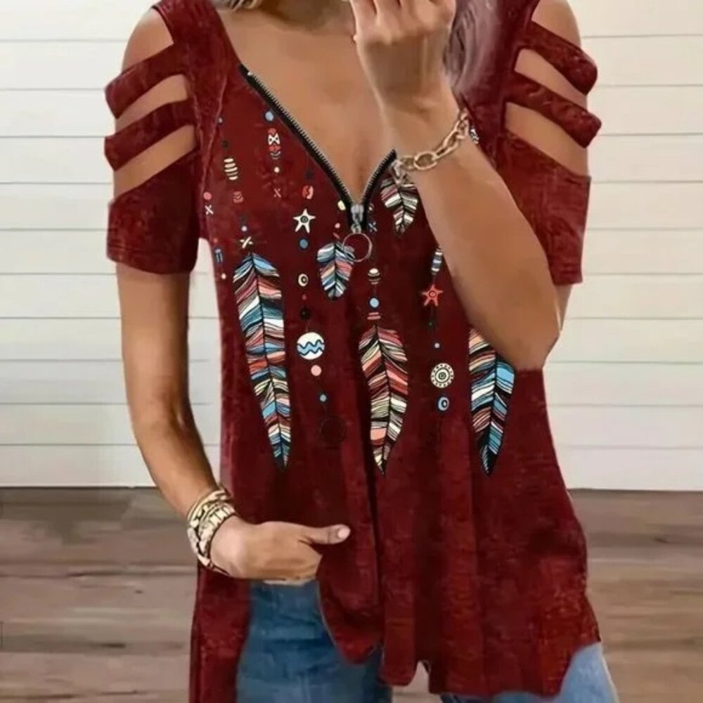 New Stylish Feather Print Shirt Top Cut Out Sleeves and Casual Zipper XL 1X